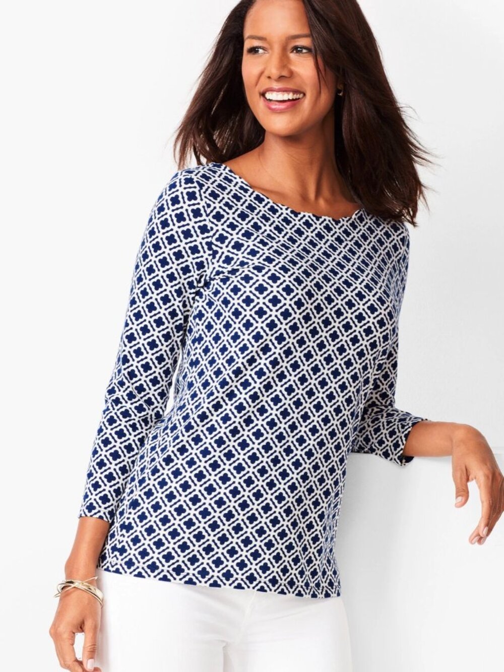 Talbots Size 2x Quarter Sleeve Pima Cotton Scallop Neck Top Geo Print Navy Blue